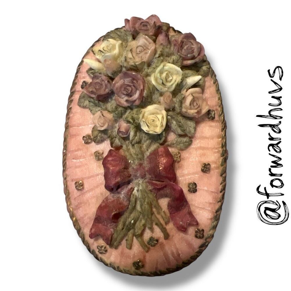 Vintage Pink Resin Trinket Dish – Oval with Raised Rose Design